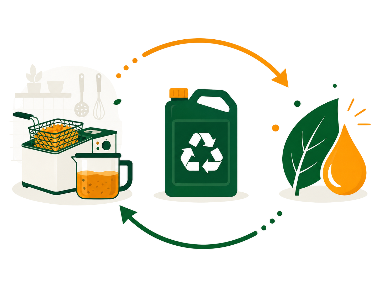 Illustration: Kreislauf von gebrauchtem Speiseöl über Recycling zu grüner Energie